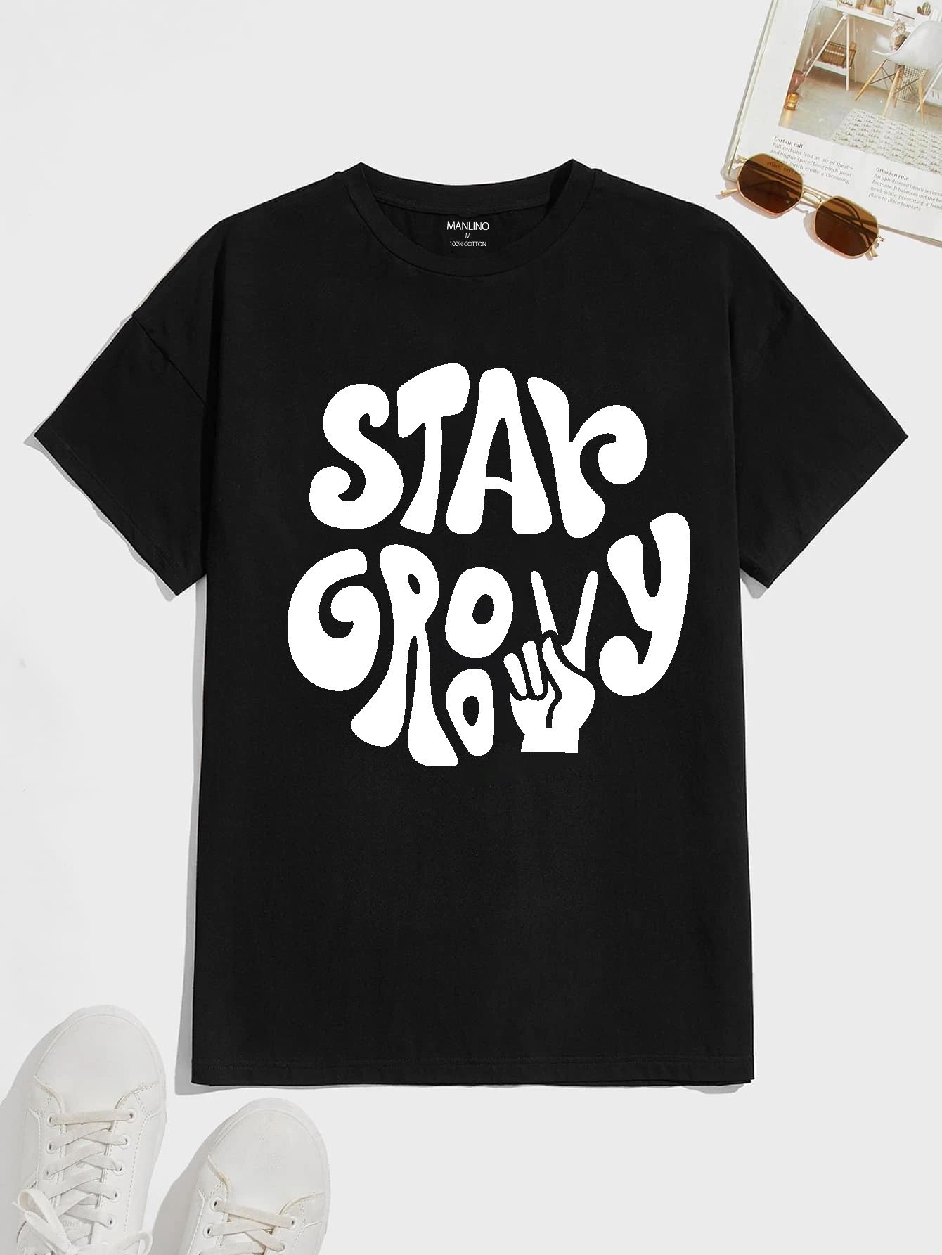 SCOTT DFINCHER Men's Black T-Shirt with White Retro 70s Inspired StayGroovy Graphic and Peace Sign : AA(HSR)BLACK_45