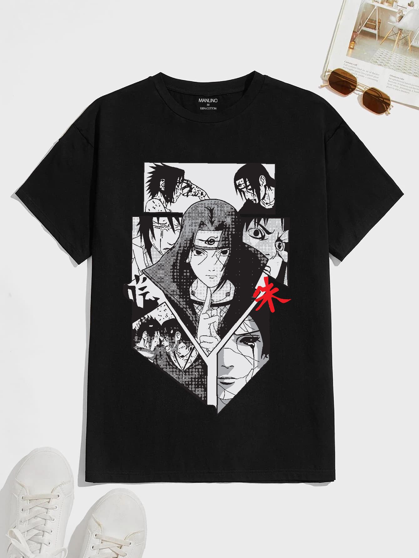 SCOTT FINCHER Men's "Naruto Shippuden Uchiha Clan T-Shirt" Graphic Printed : AA(HSR)BLACK_121