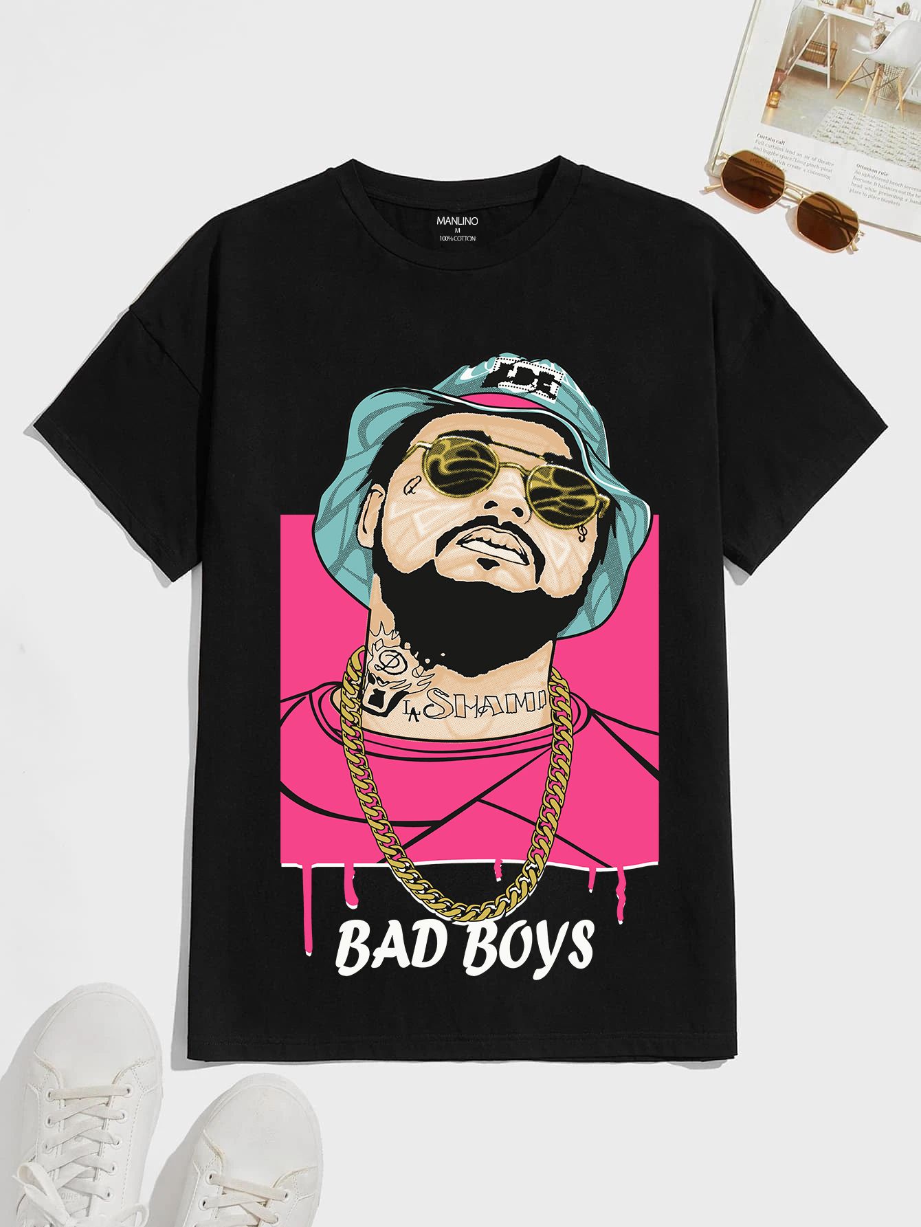SCOTT FINCHER Men's Black T-shirt with a graphic of a man wearing a hat and sunglasses with the text "Bad Boys" underneath : AA(HSR)BLACK_150