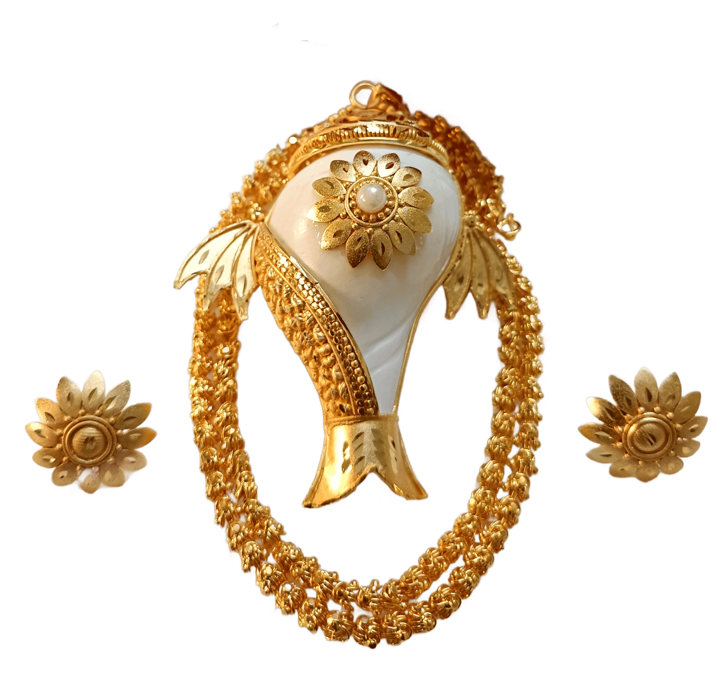 Purabi Jewels Unique Trending Original Shankh Shankho Shell Jewellery Set Pendant with Matching Earrings for Women and Girls