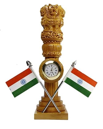 Handmade Wooden Indian Flag Table Clock With Ashoka Stambh 8 Inche, National Symbol Of India.