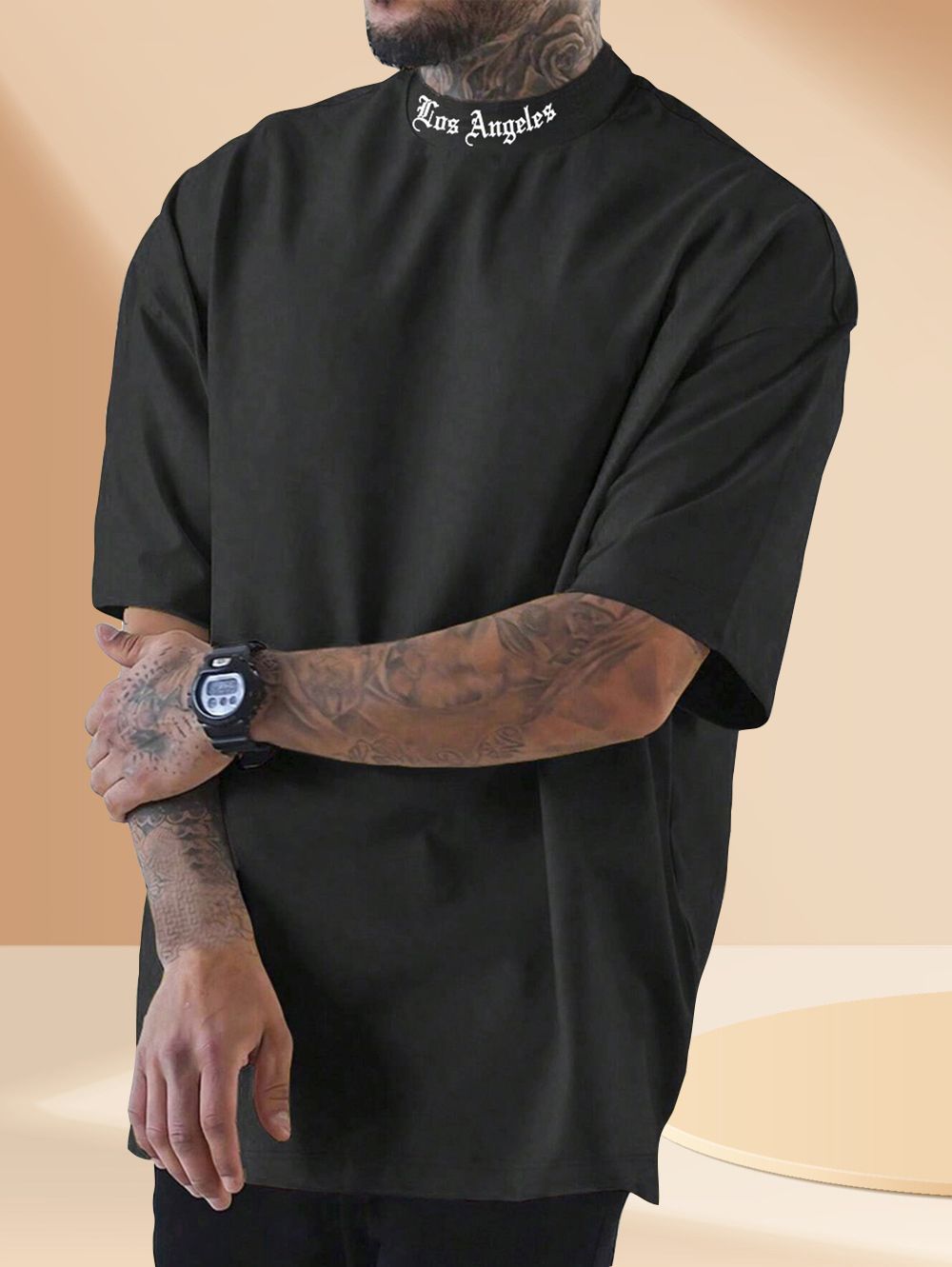 SCOTT FINCHER Men's Short Sleeve T-Shirt Casual High Neck Tee Shirt Tops : AA(TNH)BLACK_162-