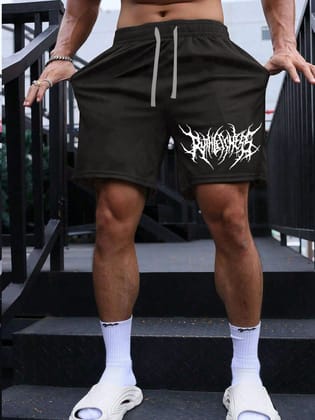 SCOTT FINCHER Men's Black Casual Shorts with White Gothic Print : AA(SRT)BLACK_274