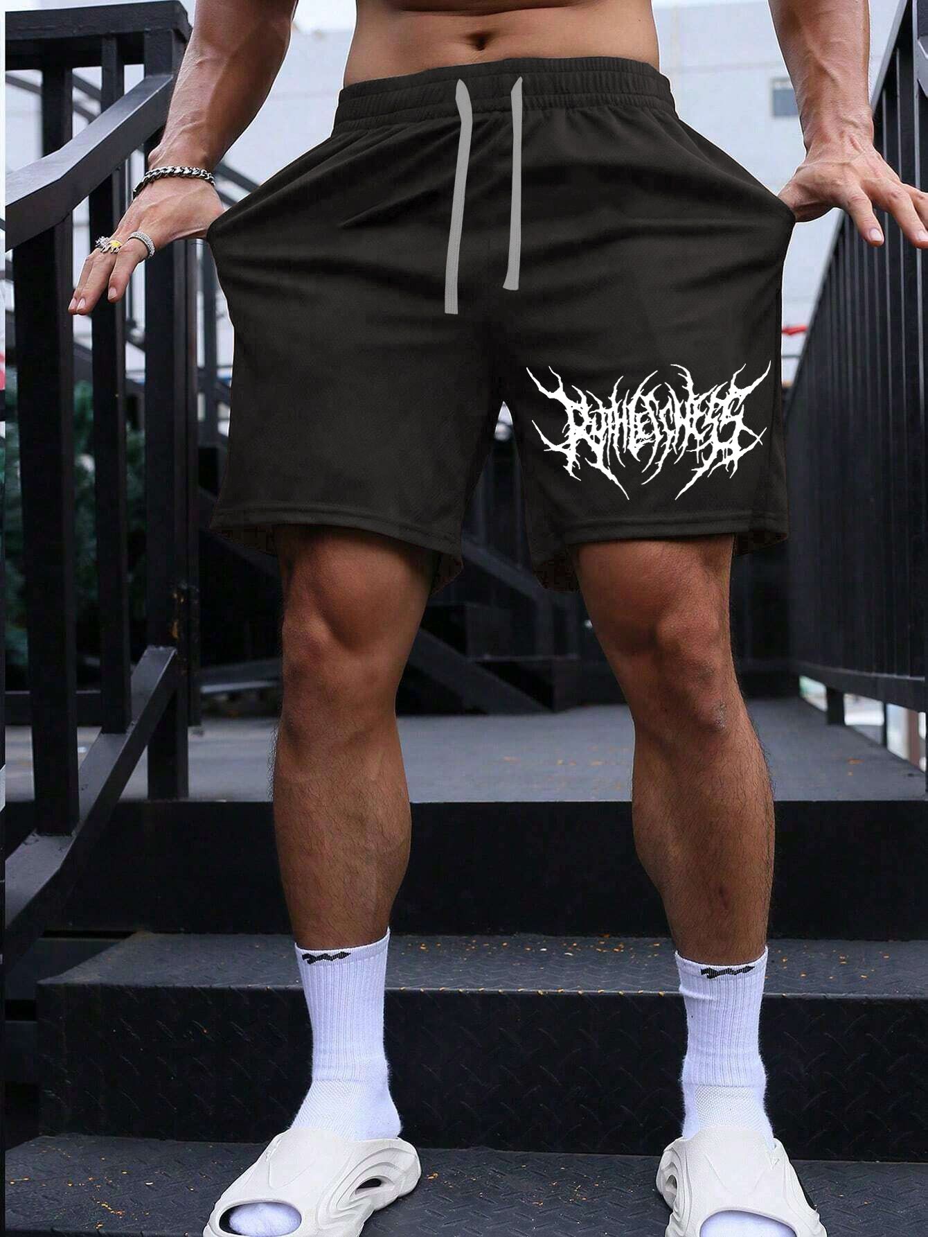 SCOTT FINCHER Men's Black Casual Shorts with White Gothic Print : AA(SRT)BLACK_274