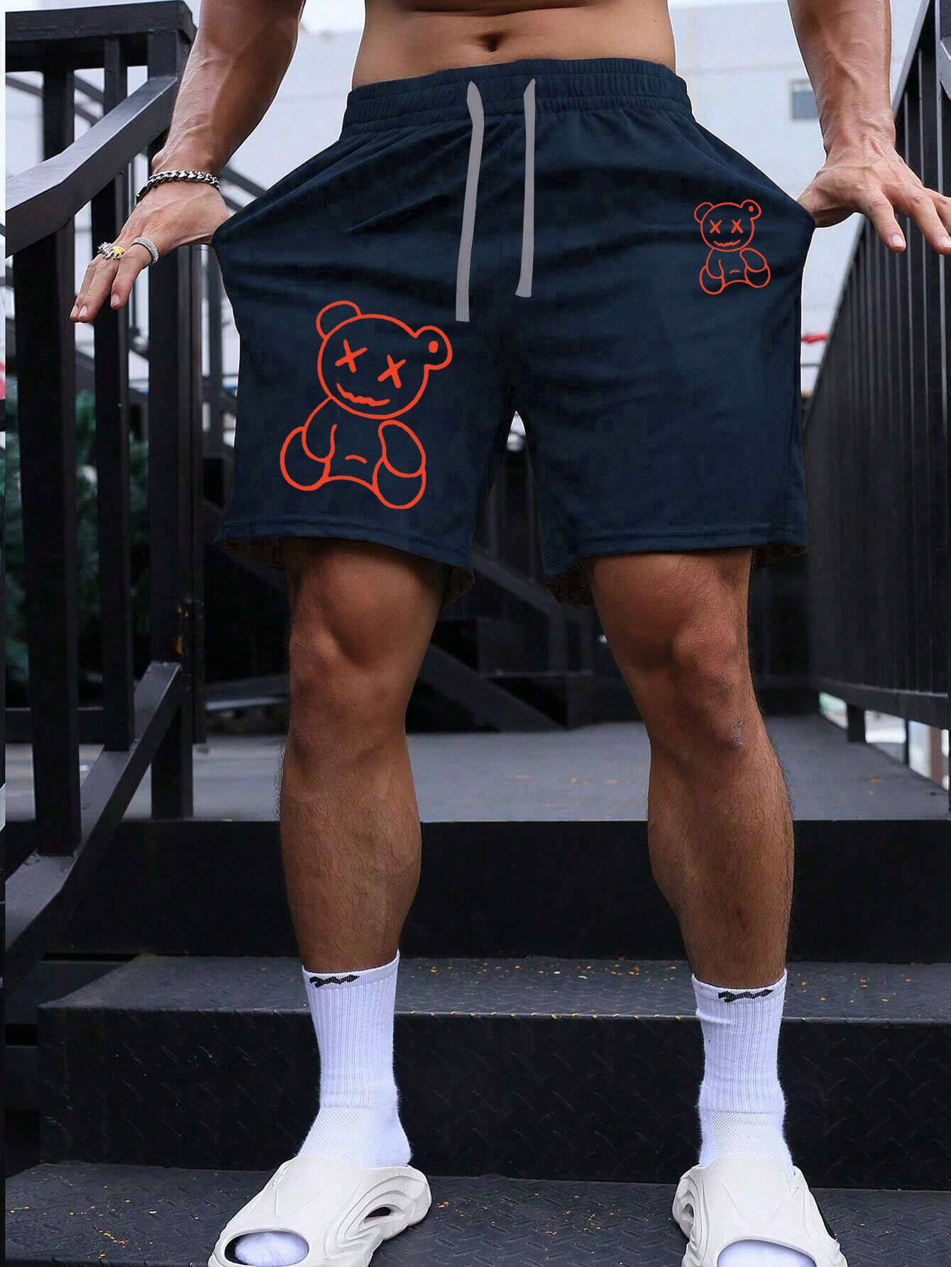 SCOTT FINCHER Men's Casual Shorts with Cute Cartoon Bear Graphic, Summer Beach Shorts, Streetwear Hip Hop Shorts, Comfortable and Breathable Shorts for Men : AA(SRT)NAVY_273