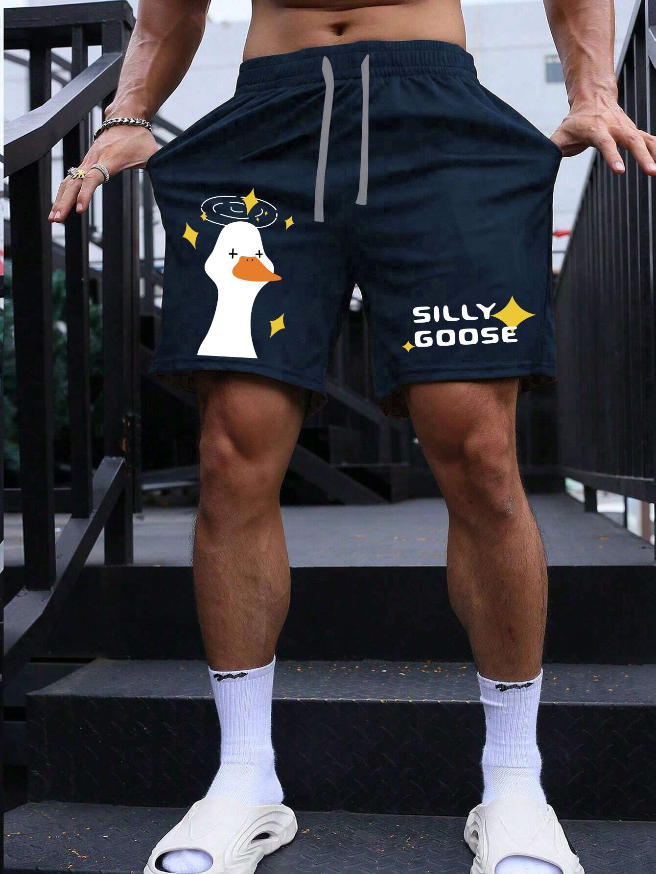 SCOTT FINCHER Men's Casual Shorts, Drawstring Waist, Summer Beach Shorts, Funny Goose Print, Pockets, Breathable Fabric, Comfortable Fit : AA(SRT)NAVY_283