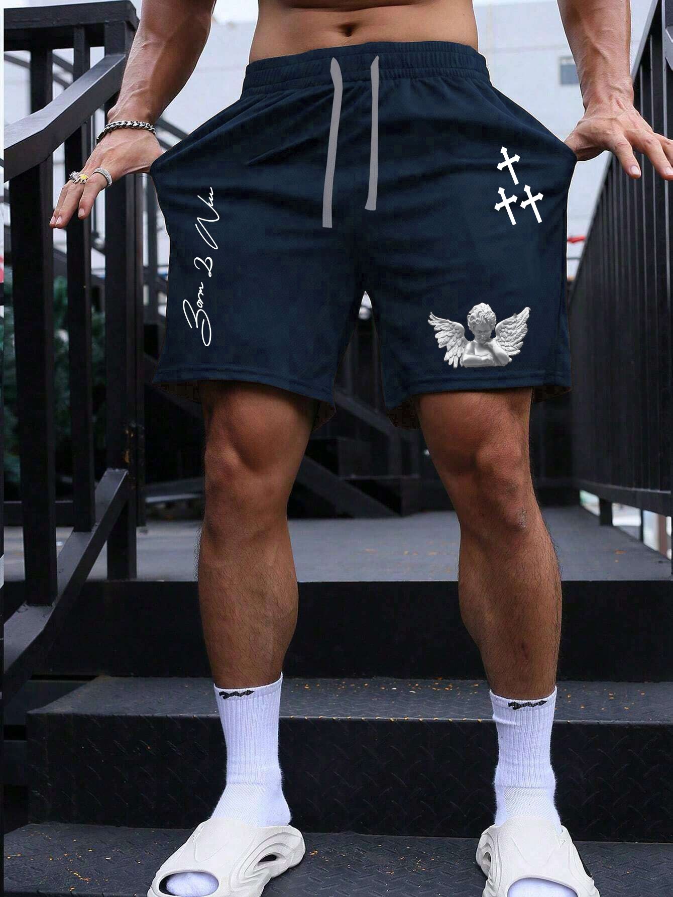 SCOTT FINCHER Raised Men's Navy Blue Cross and Angel Graphic Shorts : AA(SRT)NAVY_288
