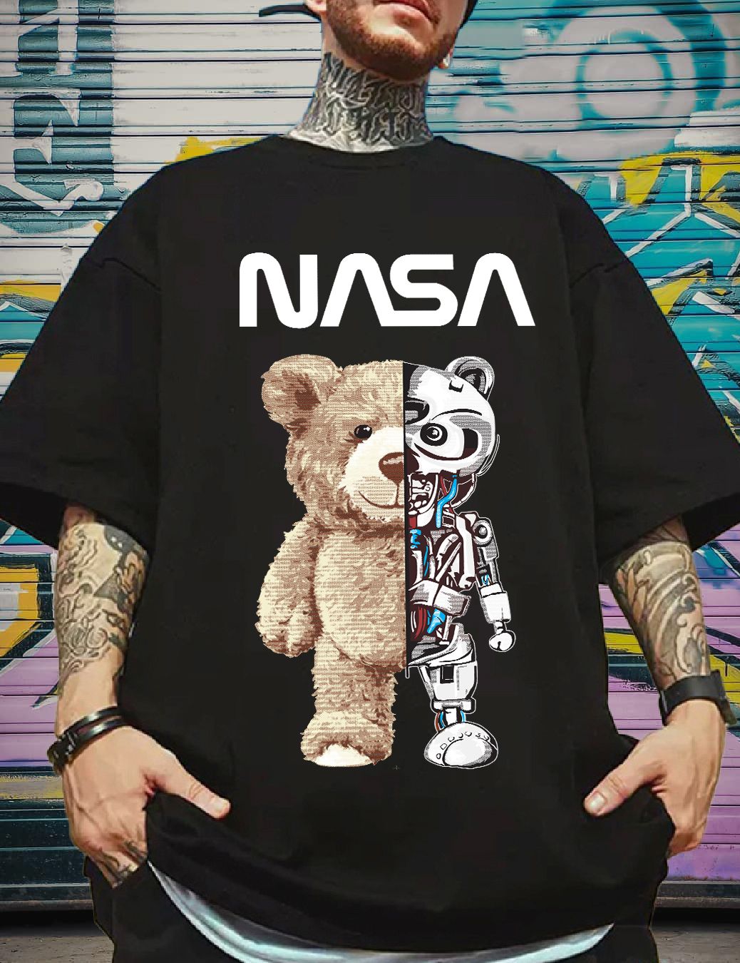 SCOTT FINCHER Men's NASA Teddy Bear Graphic T-Shirt : AA(ARN)BLACK_143