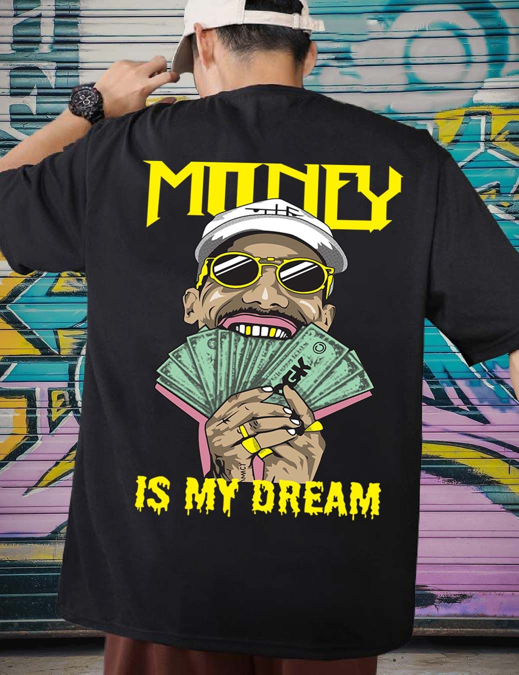 SCOTT FINCHER Men's Black Cotton Short Sleeve T-Shirt with a Graphic of Money and the Words "Money is My Dream" : AA(ARN)BLACK_169