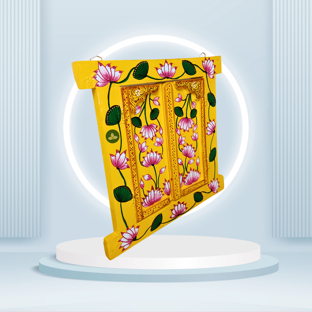 Hand Painted Pichwai Art Wooden Yellow Color Jharokha With Door