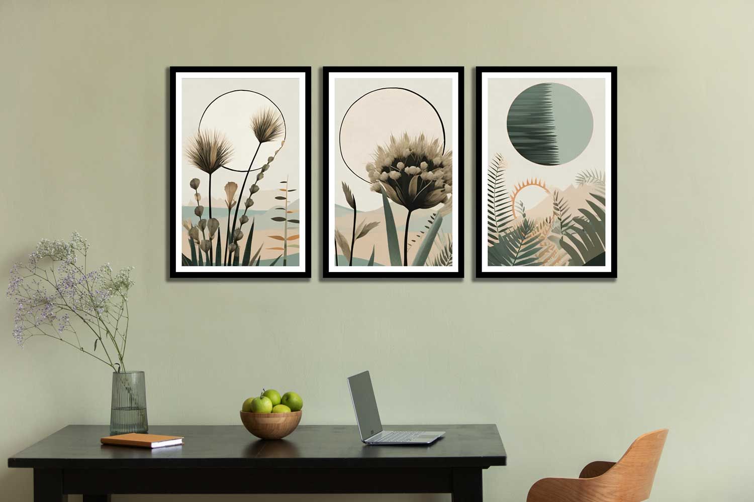 SET OF 3 BOTANICAL FLOWER  PRINTS 48in X 24in WITH BLACK FRAME