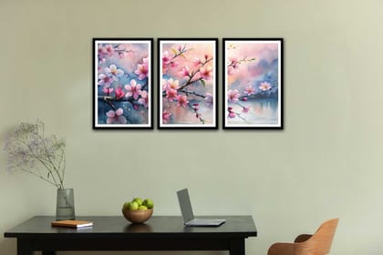 SET OF 3 VIBRANT CHERRY BLOSSOM 48in X 24in WITH BLACK FRAME
