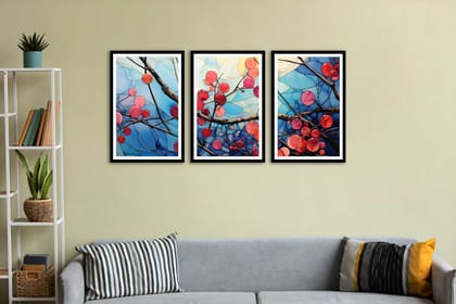 SET OF 3 ABSTRACT FLOWER PAINTINGS 48in X 24in WITH BLACK FRAME