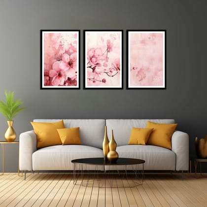 PINK DELICANT 3 PIECE PAINTING OF FLOWER 48in X 24in WITH BLACK FRAME