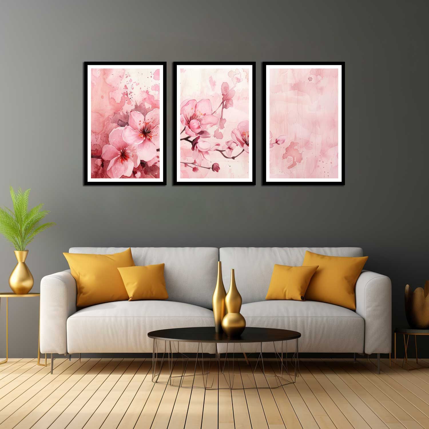 PINK DELICANT 3 PIECE PAINTING OF FLOWER 48in X 24in WITH BLACK FRAME