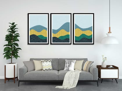SET OF 3 GEOMETRIC LANDSCAPE PAINTINGS 48in X 24in WITH BLACK FRAME