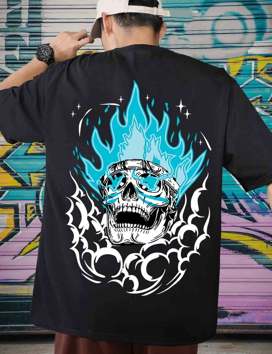 SCOTT FINCHER Men's Blue Flame Skull T-Shirt | Streetwear Graphic Tee | Casual Cotton Short Sleeve Top : AA(ARN)BLACK_173