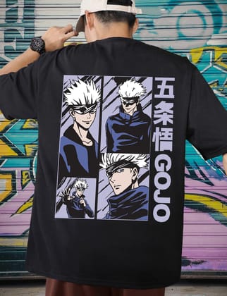SCOTT FINCHER Men's Black T-shirt with a graphic of Satoru Gojo from the anime series Jujutsu Kaisen : AA(ARN)BLACK_180