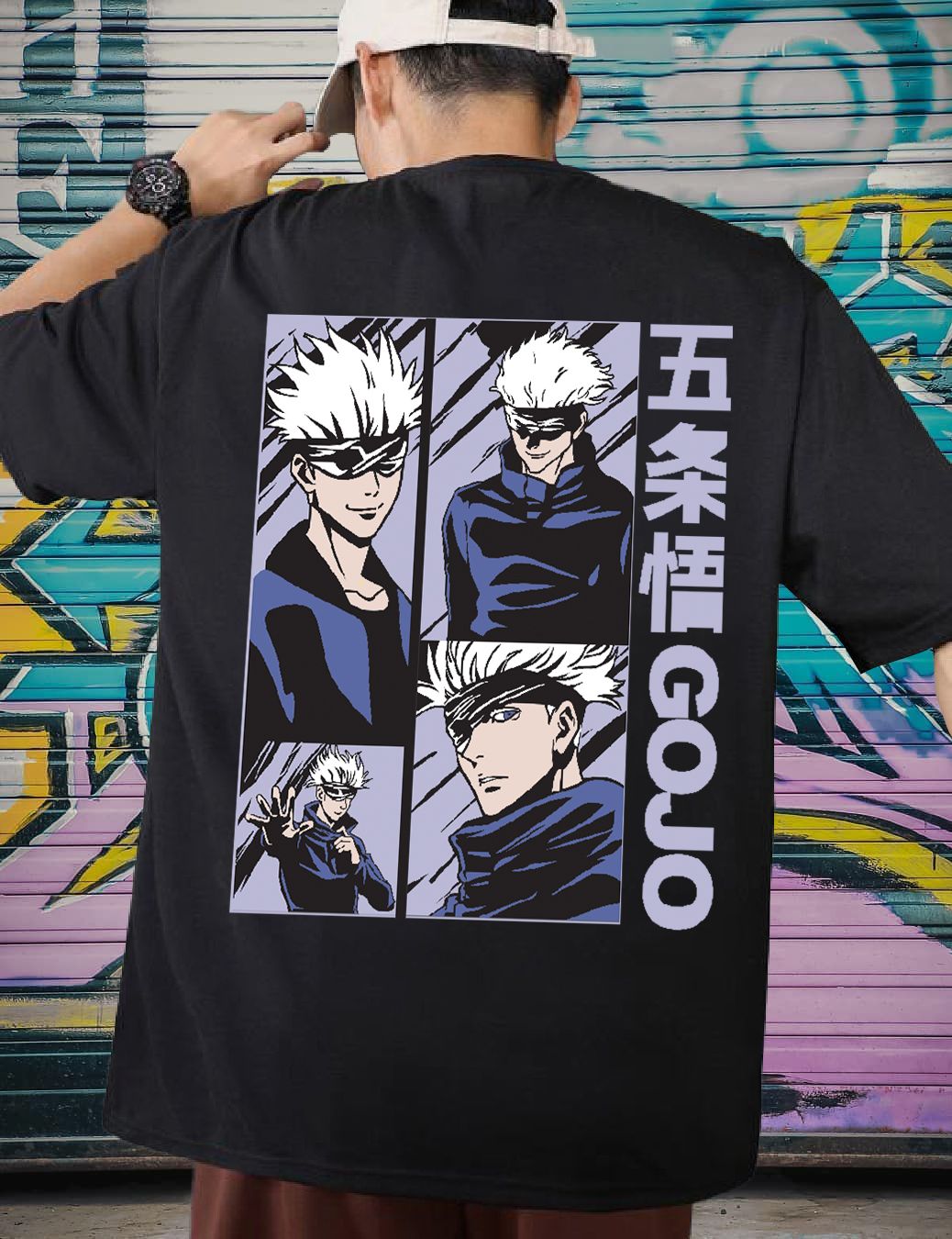 SCOTT FINCHER Men's Black T-shirt with a graphic of Satoru Gojo from the anime series Jujutsu Kaisen : AA(ARN)BLACK_180