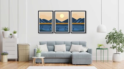 SET OF 3 MINIMALIST LANDSCAPE WALL ART 48in X 24in WITH BLACK FRAME