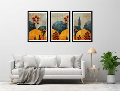 SET OF 3 ABSTRACT FLORAL PRINTS 48in X 24in WITH BLACK FRAME