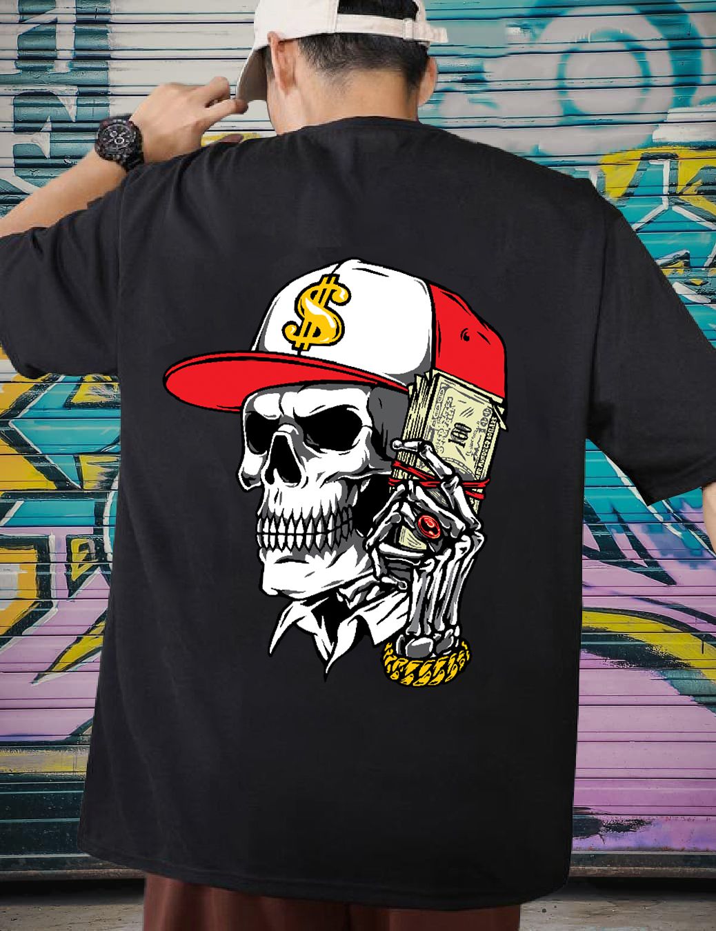 SCOTT FINCHER Men's Casual Hip Hop T-Shirt with Skull Graphic and Money : AA(ARN)BLACK_196