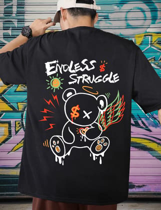 SCOTT FINCHER Men's Casual Short Sleeve T-Shirt with Bear Graphic and "Endless Struggle" Wording : AA(ARN)BLACK_213