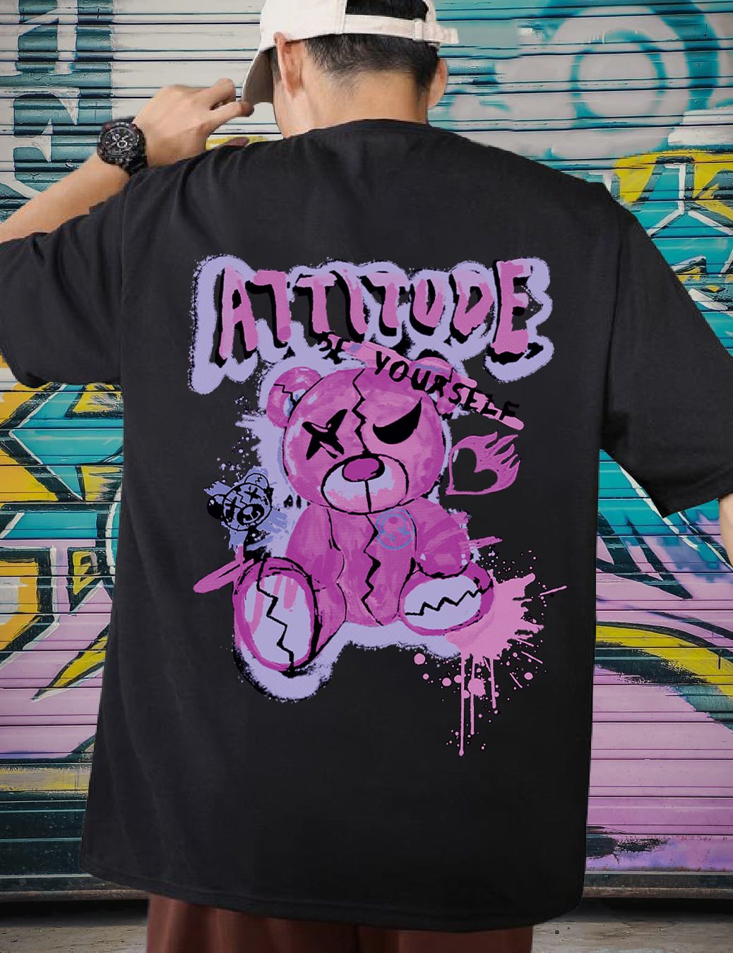 SCOTT FINCHER Men's Attitude Bear  Oversized T-Shirt : AA(ARN)BLACK_214