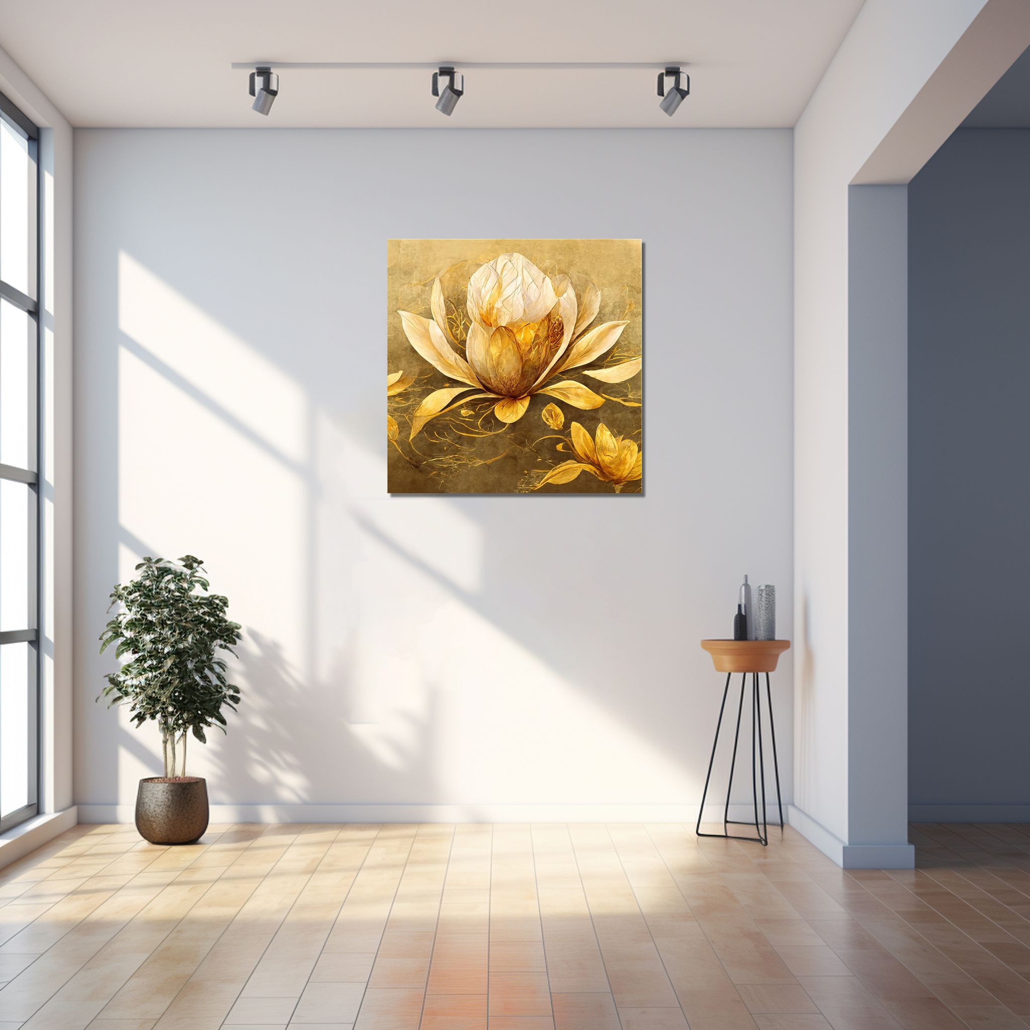 GOLDEN LOTUS WALL ART 24in X 24in WITH BLACK FRAME
