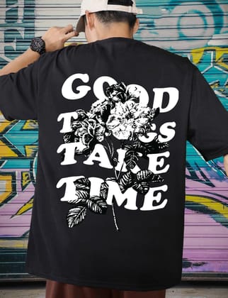 SCOTT FINCHER Men's Streetwear T-Shirt with Floral Graphic and "Good Things Take Time" Print : AA(ARN)BLACK_216