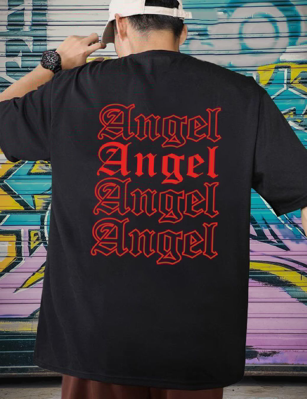 SCOTT FINCHER Men's Gothic Style Black T-Shirt with Red Angel Print : AA(ARN)BLACK_225