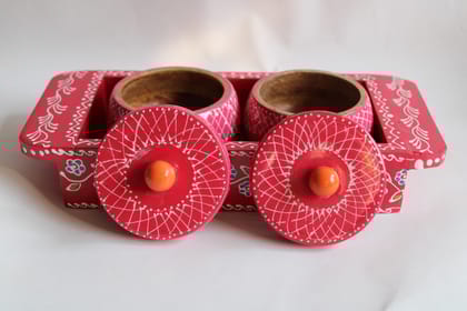  Handcrafted Wooden Spice Box with 2 Containers and Spoon - Red