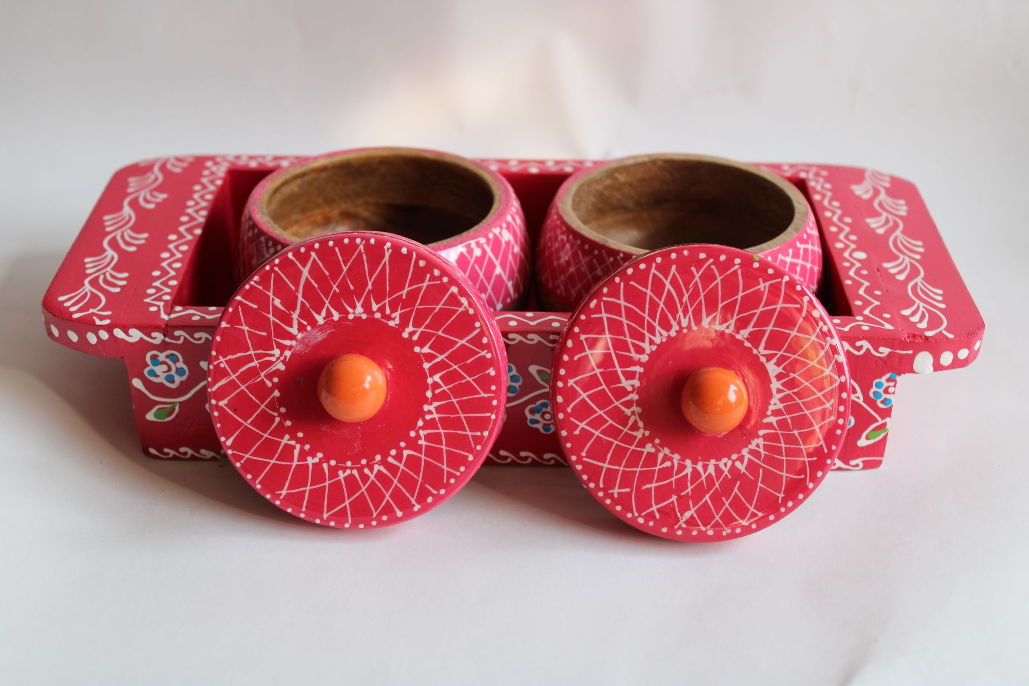  Handcrafted Wooden Spice Box with 2 Containers and Spoon - Red