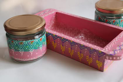 Hand-Painted Wooden Box with Glass Jar and Lid