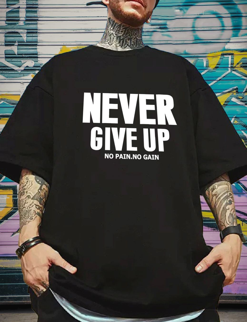 SCOTT FINCHER Men's Black T-Shirt with White Text "Never Give Up No Pain No Gain : AA(ARN)BLACK_235