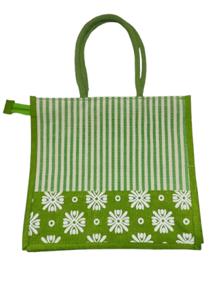 Green and White Striped Jute Tote Bag with Floral Print Green and White Striped Jute Tote Bag with Floral Print