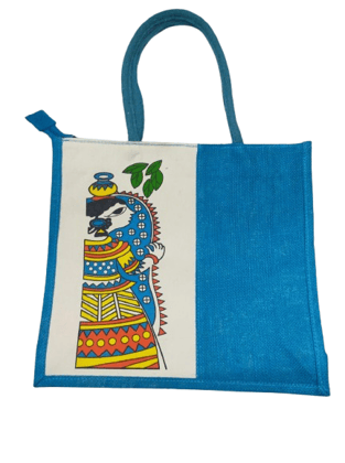 Eco-friendly Cotton Jute Tote Bag with Warli Painting - Blue Eco-friendly Cotton Jute Tote Bag with Warli Painting - Blue