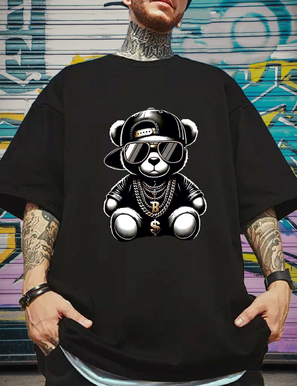 SCOTT FINCHER Men's Black T-Shirt with Cartoon Bear Graphic : AA(ARN)BLACK_255