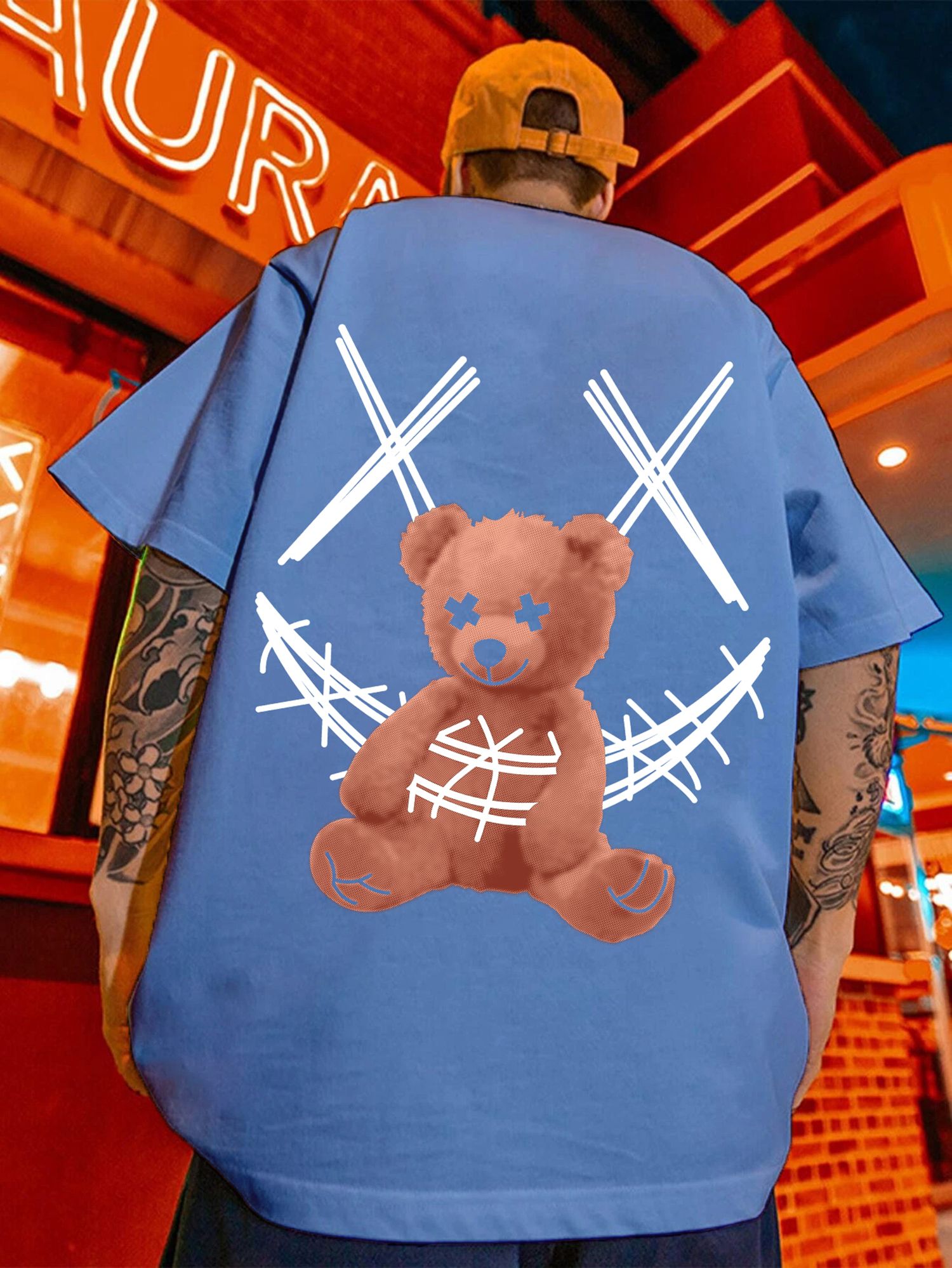 SCOTT FINCHER Men's Blue Streetwear T-Shirt with Distressed Teddy Bear Graphic : AA(ARN)BLUE_08