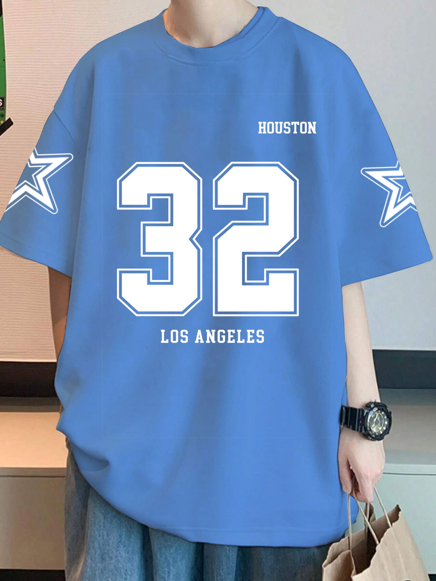 SCOTT FINCHER Men's Summer Casual Short Sleeve T-Shirt Houston 32 Los Angeles Print Blue : AA(ARN)BLUE_43