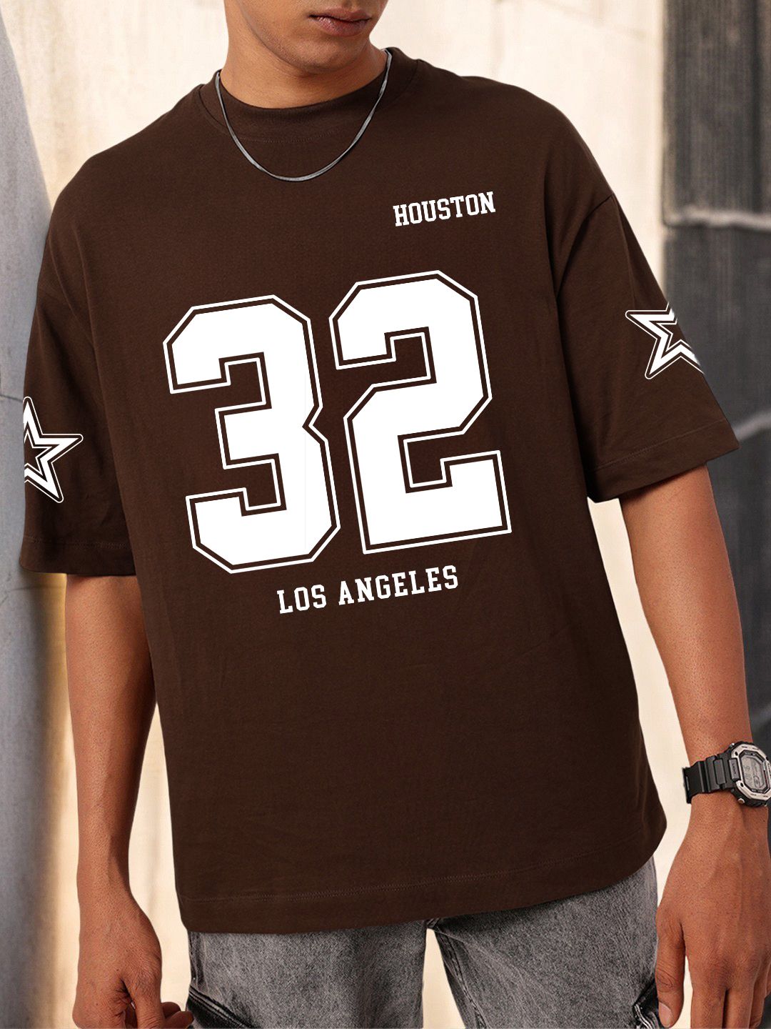 SCOTT FINCHER Men's Brown t-shirt with white Houston 32 Los Angeles print :  AA(ARN)BROWN_43