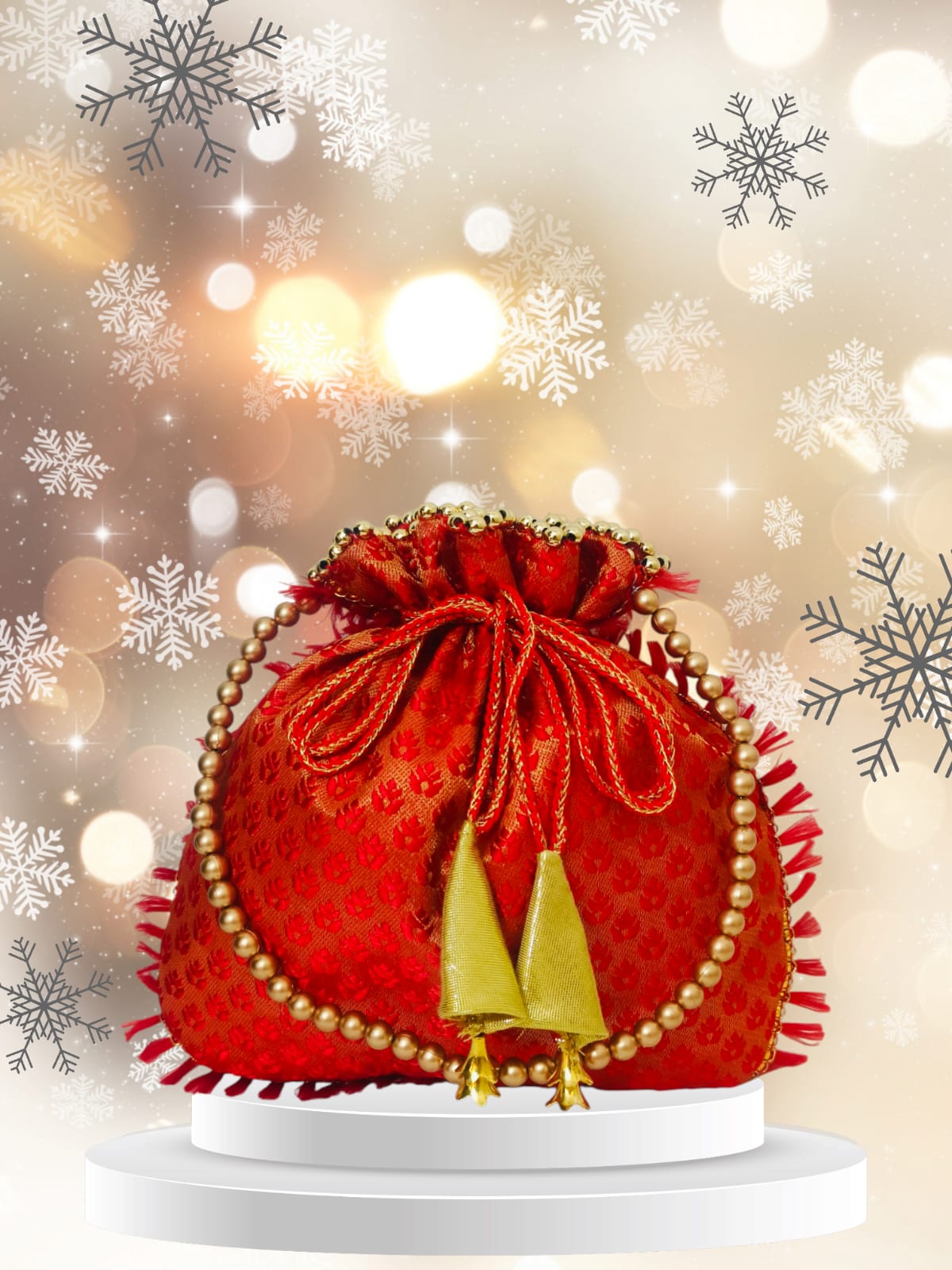 Red Potli Bag with Golden Beads and Tassels for Women