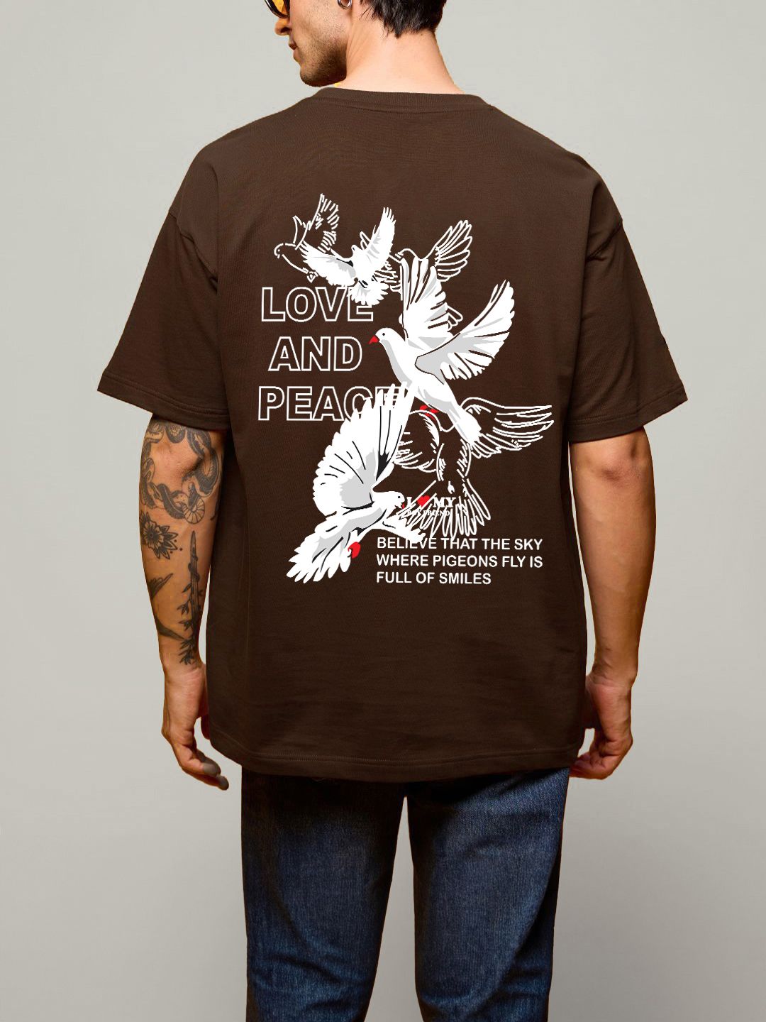 SCOTT FINCHER Men's T-Shirt "Love and Peace" with Doves Graphic in Brown : AA(ARN)BROWN_217
