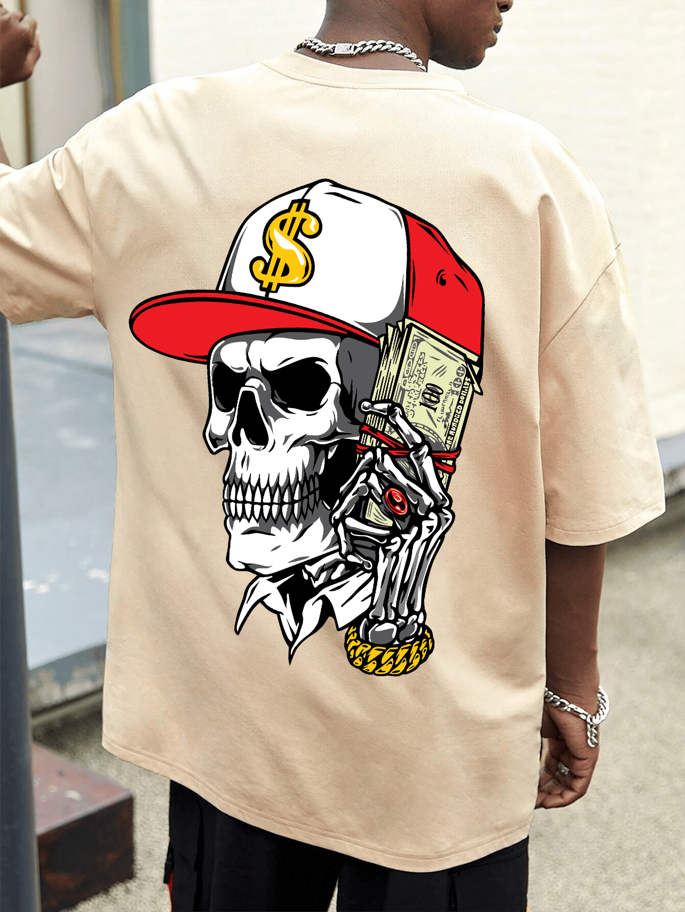 SCOTT FINCHER Men's Casual Hip Hop T-Shirt with Skull Graphic and Money Print : AA(ARN)CREAM_196