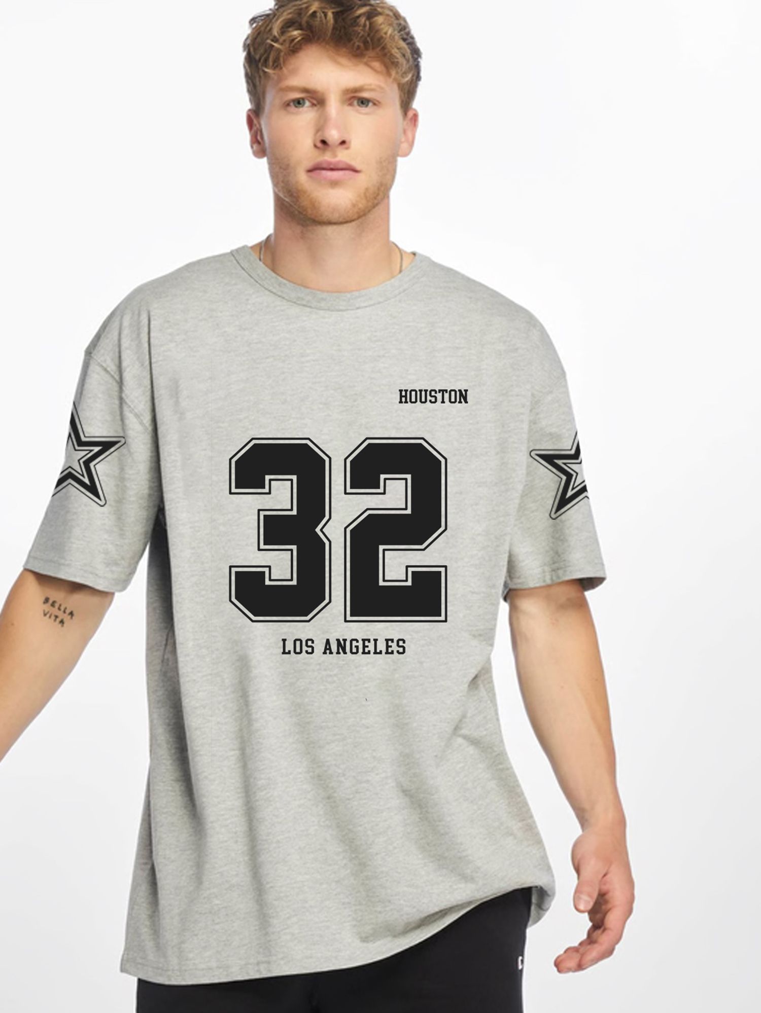 SCOTT FINCHER Men's Casual Short Sleeve Cotton T-shirt with HOUSTON and 32 Print in Black : AA(ARN)GREY_43