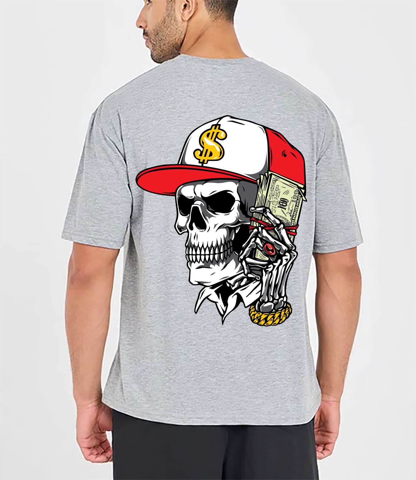 SCOTT FINCHER Men's Gray T-Shirt with 骷髅 Graphic and Red Cap : AA(ARN)GREY_196