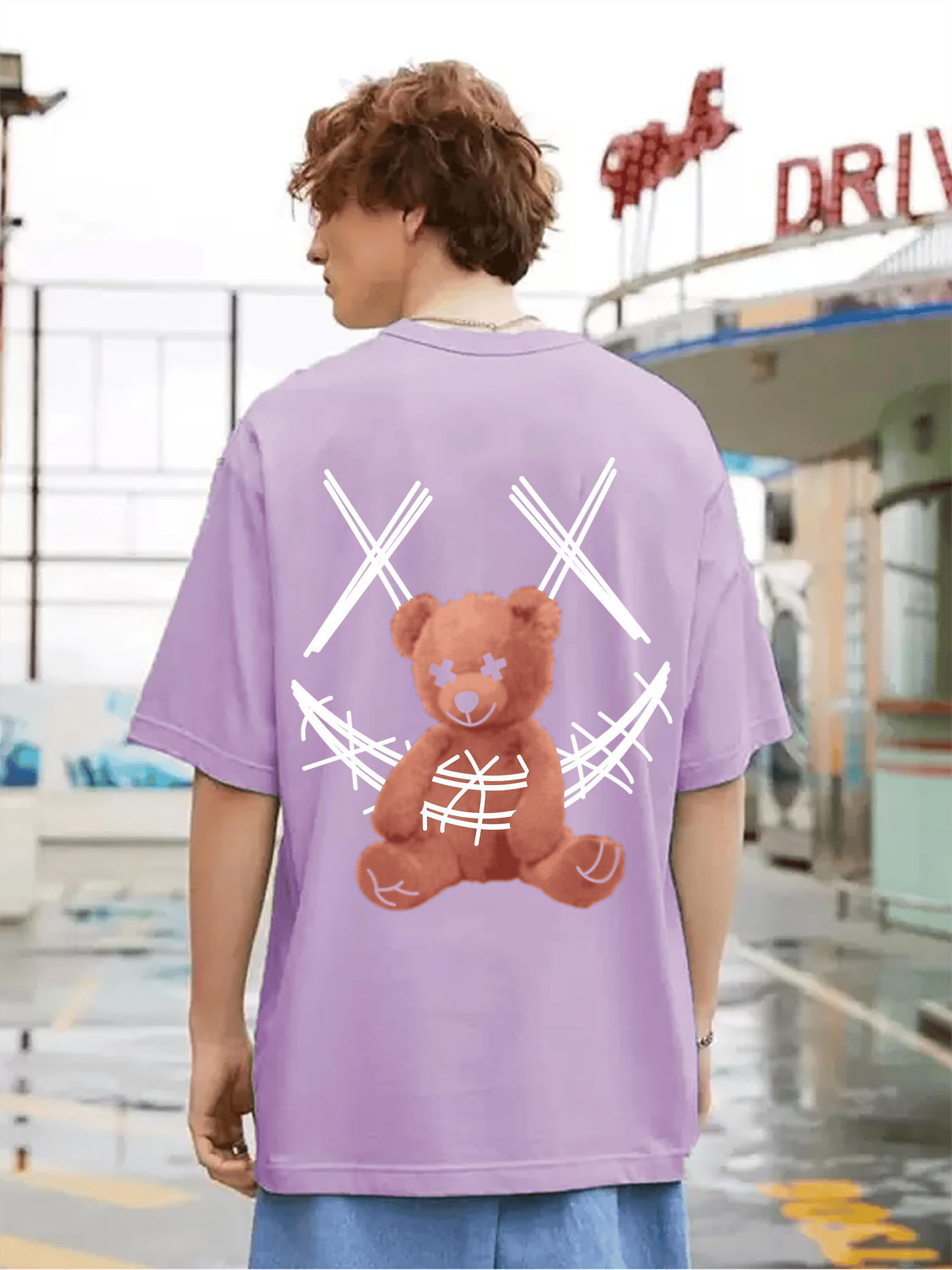 SCOTT FINCHER Men's Harajuku Streetwear T-Shirt with Distressed Teddy Bear Graphic : AA(ARN)LAVANDER_08