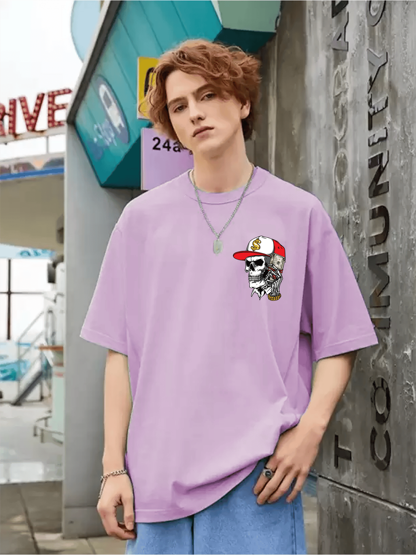 SCOTT FINCHER Men's Streetwear Hip Hop T-Shirt with Skull Graphic and Money Print in Purple : AA(ARN)LAVANDER_202