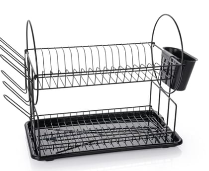 2 Tier Black Dish Drainer Rack with Drip Tray, Stainless Steel Draining Dish Rack Drainer with Draining Board and Utensils Holder, Dish Drying Rack Kitchen Drainer (Black)