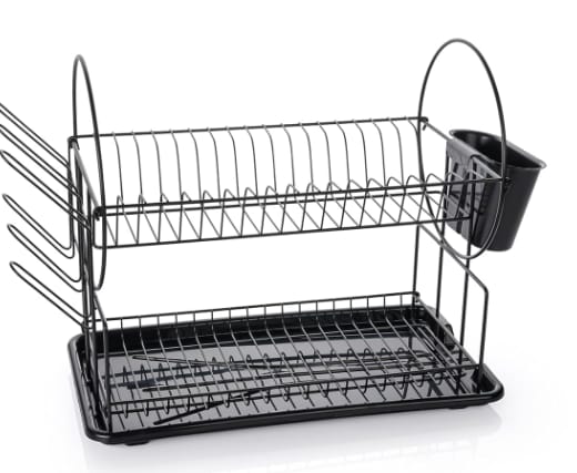 2 Tier Black Dish Drainer Rack with Drip Tray, Stainless Steel Draining Dish Rack Drainer with Draining Board and Utensils Holder, Dish Drying Rack Kitchen Drainer (Black)